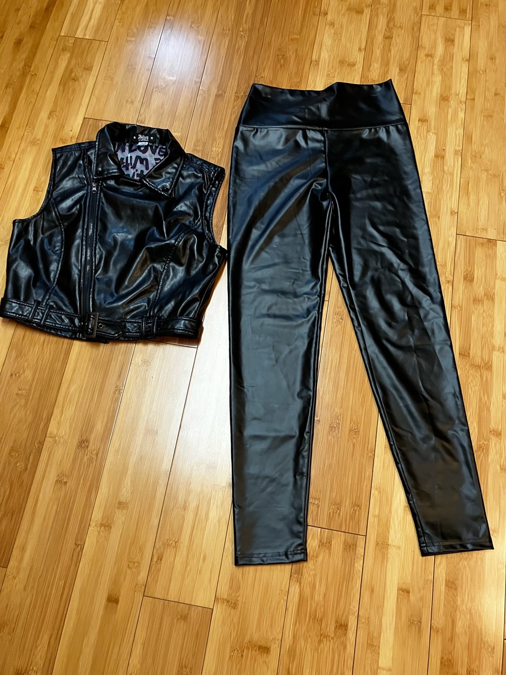 Abbey Dawn Black Faux Leather vintage Sleeveless Moto Vest with leggings